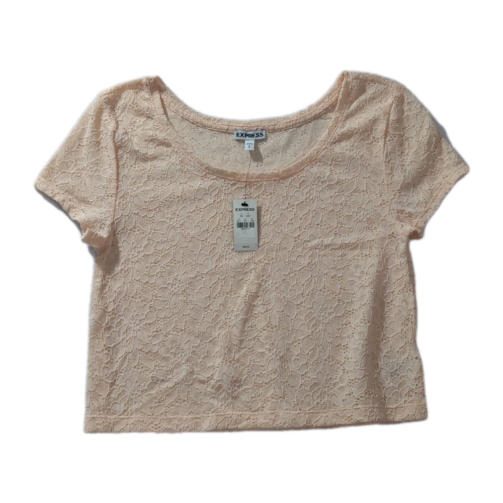 Express Lace Crop Top Women's Small Peach Short Sleeve Y2K NWT Semi Sheer